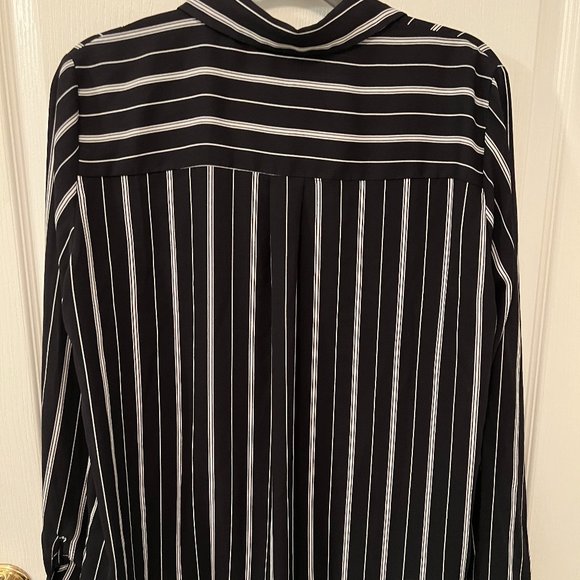 Women’s Chiffon Work Blouse Navy Blue Striped and Buttons - Picture 2 of 2